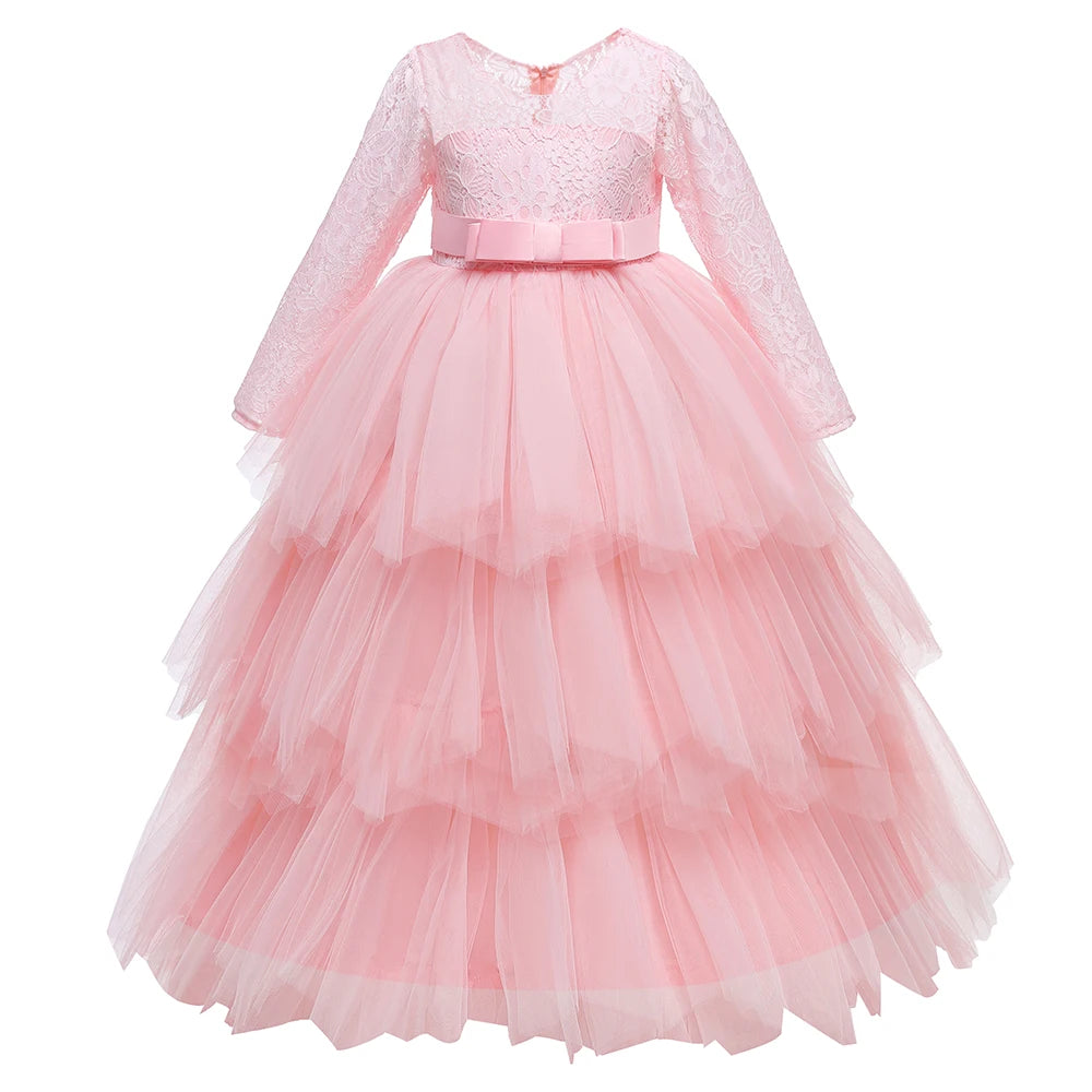 Lace Long Sleeve White Bridesmaid Dress For Girls Kids Princess Evening Dresses Children Girl Wedding Party Costume Clothes