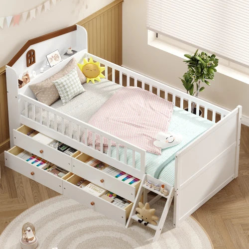 Modern Twin Bed Frame Storage 4 Drawers Solid Pine Wood Kids Platform Twin Bed Guardrail Headboard Ladder Bedroom Eco-Friendly