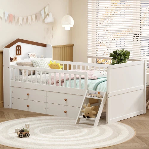Modern Twin Bed Frame Storage 4 Drawers Solid Pine Wood Kids Platform Twin Bed Guardrail Headboard Ladder Bedroom Eco-Friendly