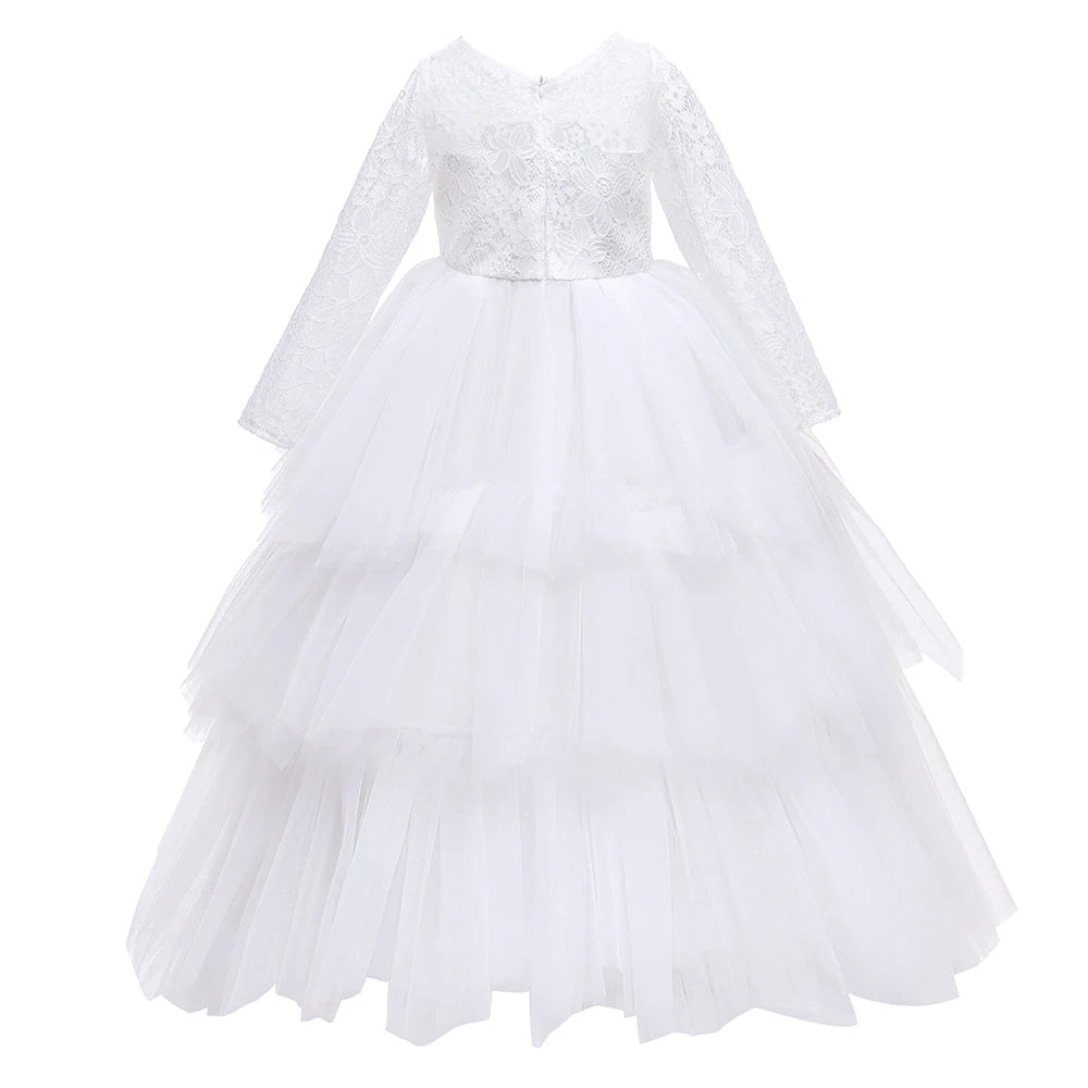 Lace Long Sleeve White Bridesmaid Dress For Girls Kids Princess Evening Dresses Children Girl Wedding Party Costume Clothes