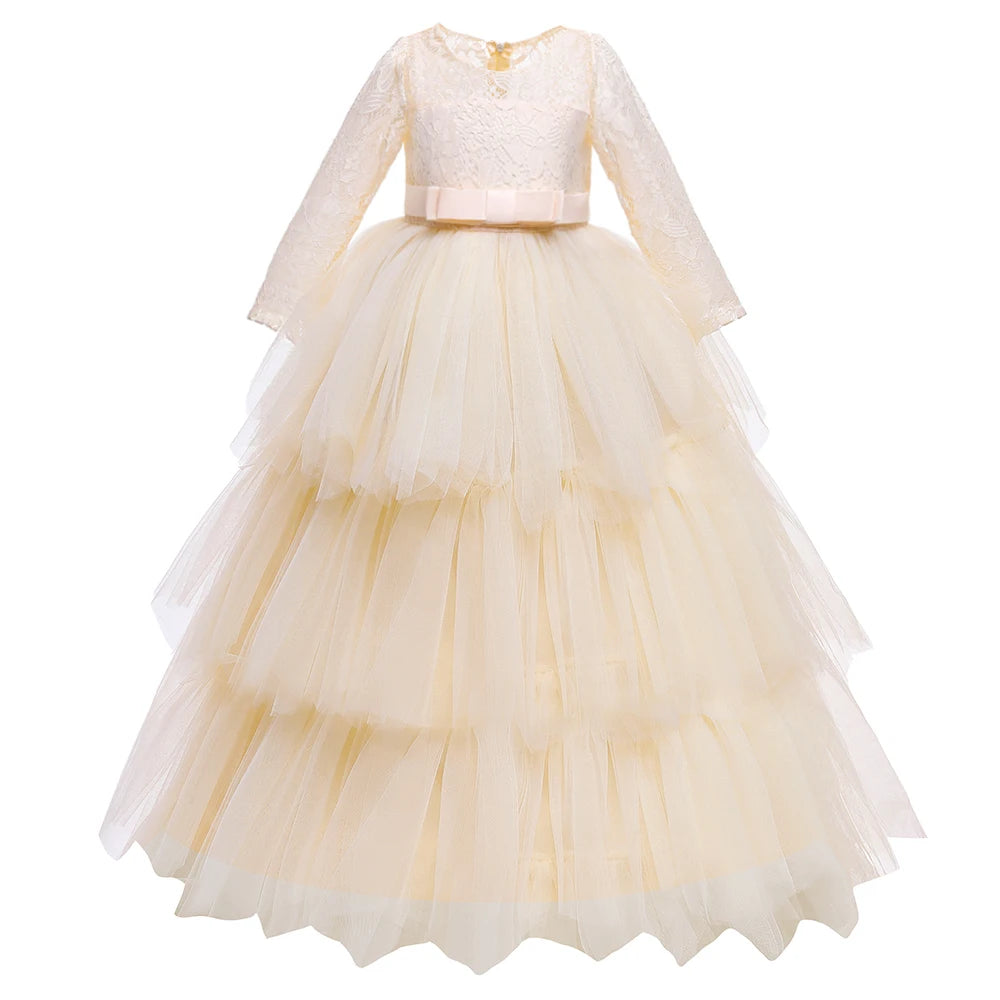 Lace Long Sleeve White Bridesmaid Dress For Girls Kids Princess Evening Dresses Children Girl Wedding Party Costume Clothes