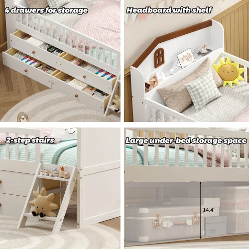 Modern Twin Bed Frame Storage 4 Drawers Solid Pine Wood Kids Platform Twin Bed Guardrail Headboard Ladder Bedroom Eco-Friendly