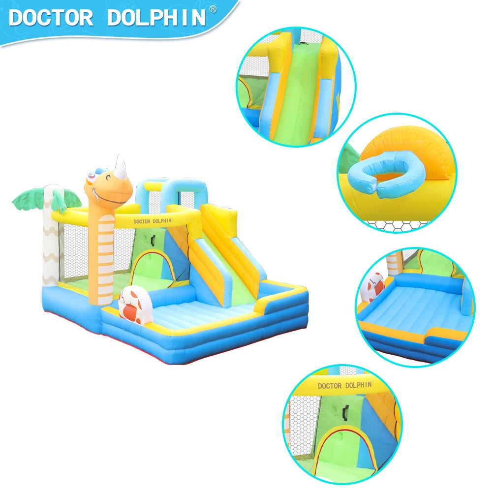 US Warehouse Stock Doctor Dolphin Oxford Cloth Inflatable Bouncy Castle with Slide 3 Person for Home Party Kids Play Games