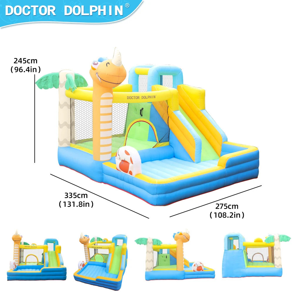 US Warehouse Stock Doctor Dolphin Oxford Cloth Inflatable Bouncy Castle with Slide 3 Person for Home Party Kids Play Games
