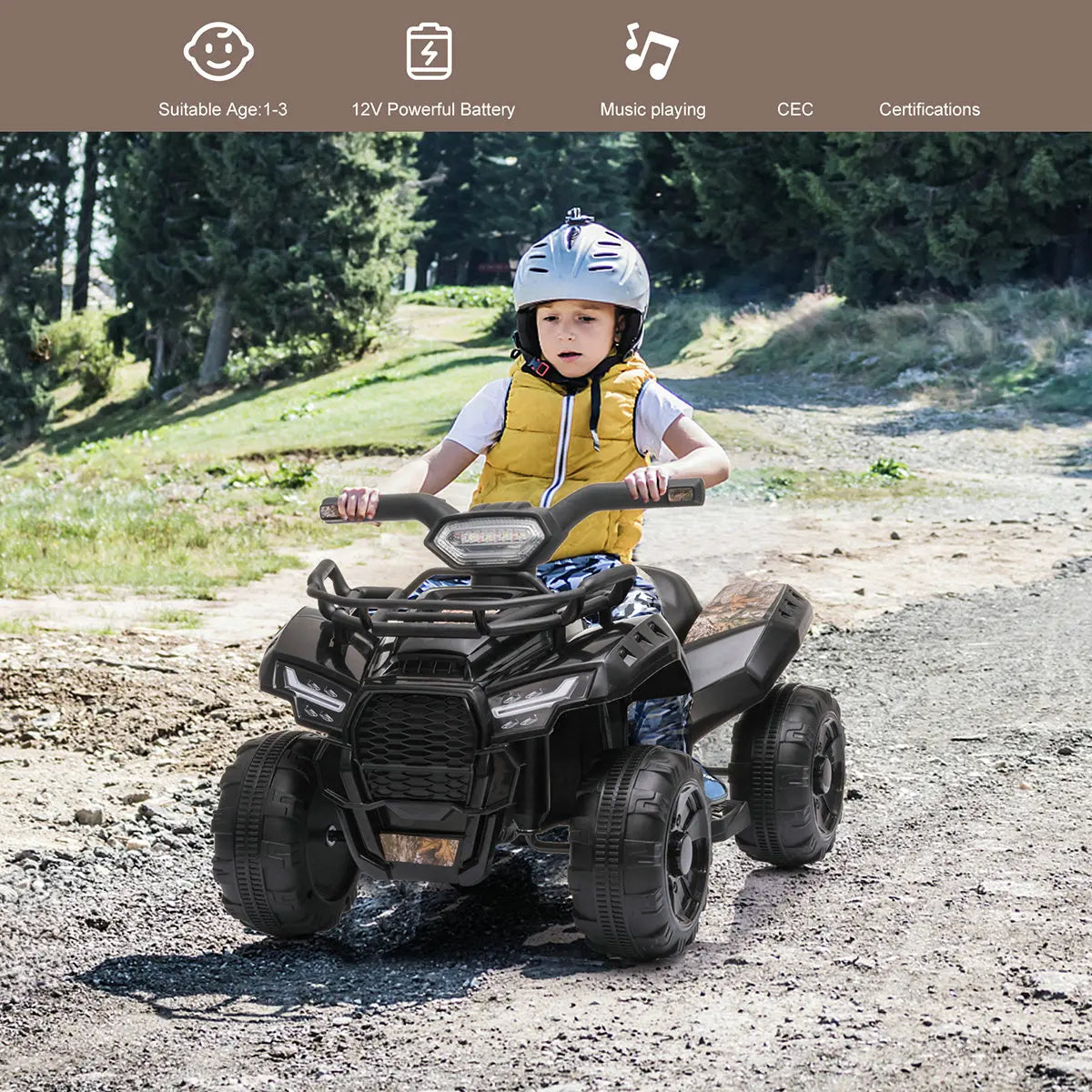 Kids Electric Ride on ATV,6V Battery Headlights, MP3, USB, Volume Control,  Best Gifts for 18-36 Months Boys Girls Black