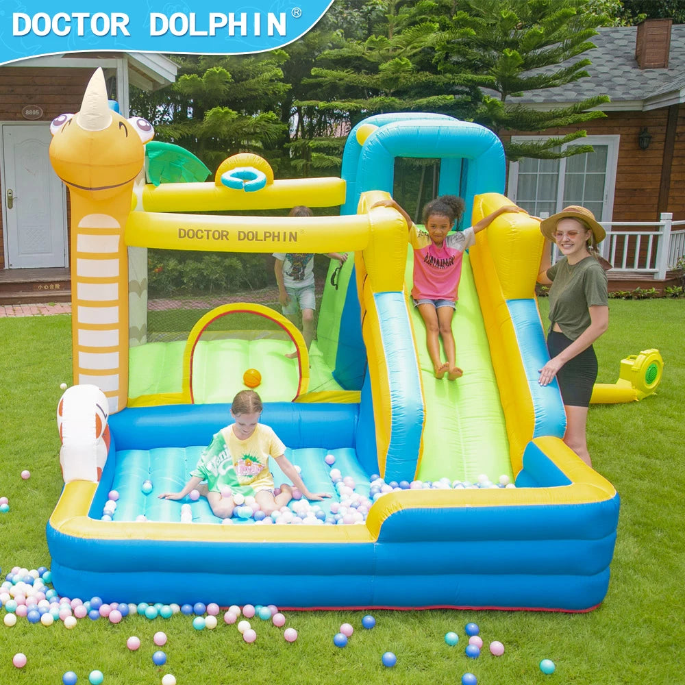 US Warehouse Stock Doctor Dolphin Oxford Cloth Inflatable Bouncy Castle with Slide 3 Person for Home Party Kids Play Games