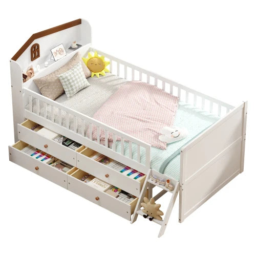 Modern Twin Bed Frame Storage 4 Drawers Solid Pine Wood Kids Platform Twin Bed Guardrail Headboard Ladder Bedroom Eco-Friendly