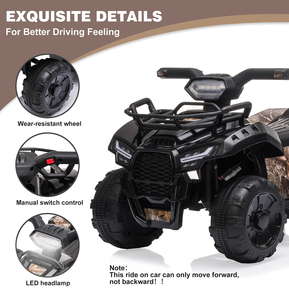 Kids Electric Ride on ATV,6V Battery Headlights, MP3, USB, Volume Control,  Best Gifts for 18-36 Months Boys Girls Black