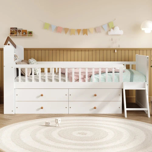 Modern Twin Bed Frame Storage 4 Drawers Solid Pine Wood Kids Platform Twin Bed Guardrail Headboard Ladder Bedroom Eco-Friendly
