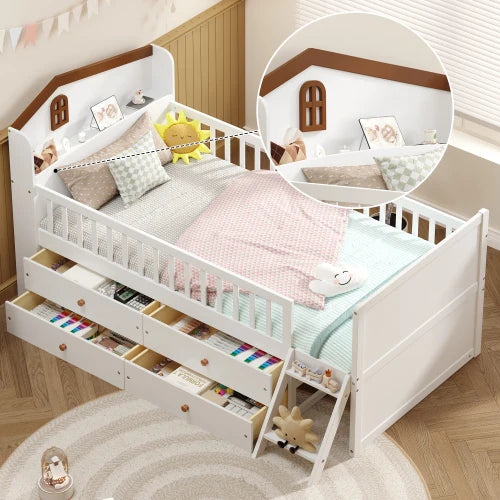 Modern Twin Bed Frame Storage 4 Drawers Solid Pine Wood Kids Platform Twin Bed Guardrail Headboard Ladder Bedroom Eco-Friendly