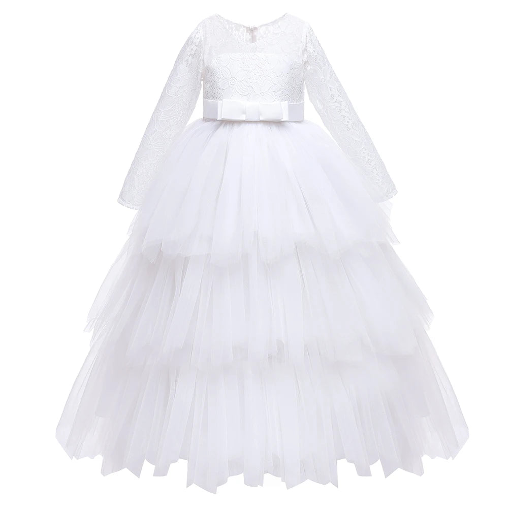Lace Long Sleeve White Bridesmaid Dress For Girls Kids Princess Evening Dresses Children Girl Wedding Party Costume Clothes