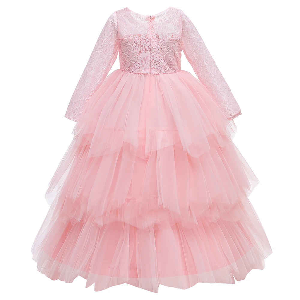 Lace Long Sleeve White Bridesmaid Dress For Girls Kids Princess Evening Dresses Children Girl Wedding Party Costume Clothes