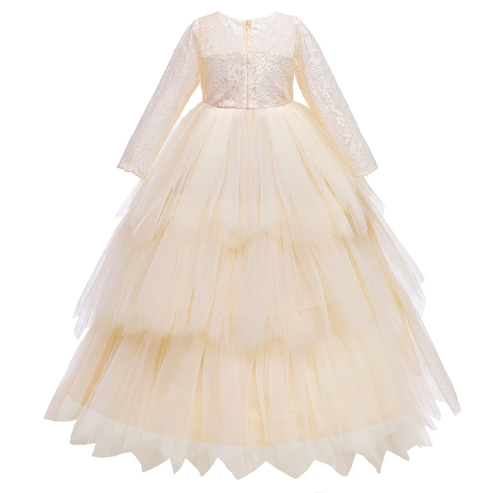 Lace Long Sleeve White Bridesmaid Dress For Girls Kids Princess Evening Dresses Children Girl Wedding Party Costume Clothes