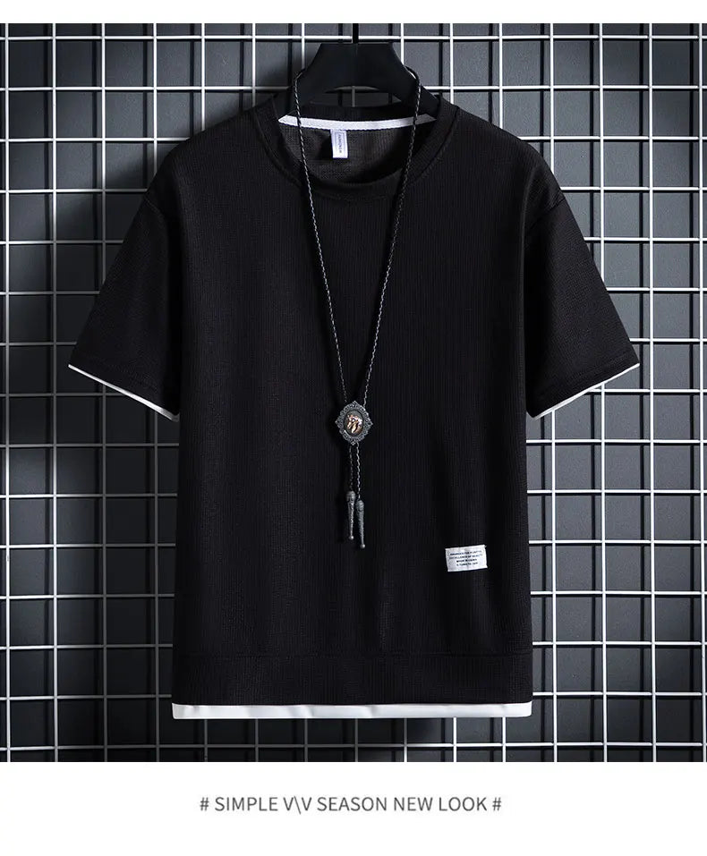 Summer Men's Waffle Sets Casual T-Shirt And Shorts Set Male Sports Suit Solid Color Tracksuit Loose Suits Size