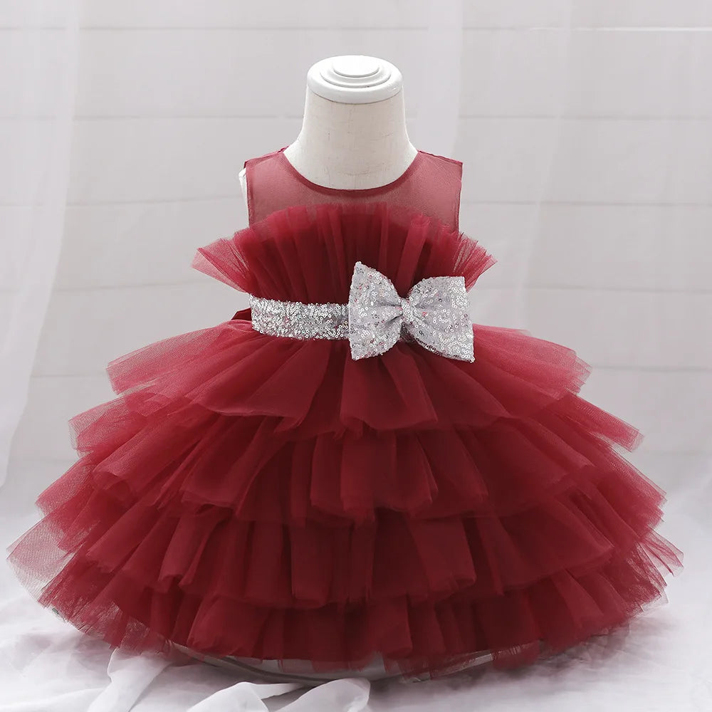 Kids Bow Baby Girls Dress Puffy Tulle Toddler White Baptism Party Dresses For Girl Elegant Kids Birthday Princess Ball Gown