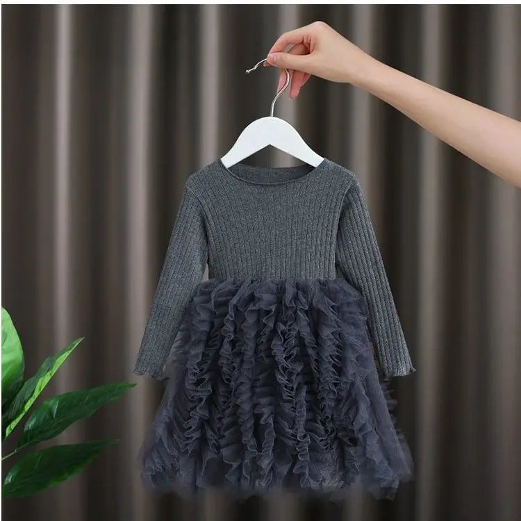 Baby Girl Pink Ribbed Long-Sleeve Bowknot Floral Embroidered Mesh Dress Perfect For Outings And Daily Wear