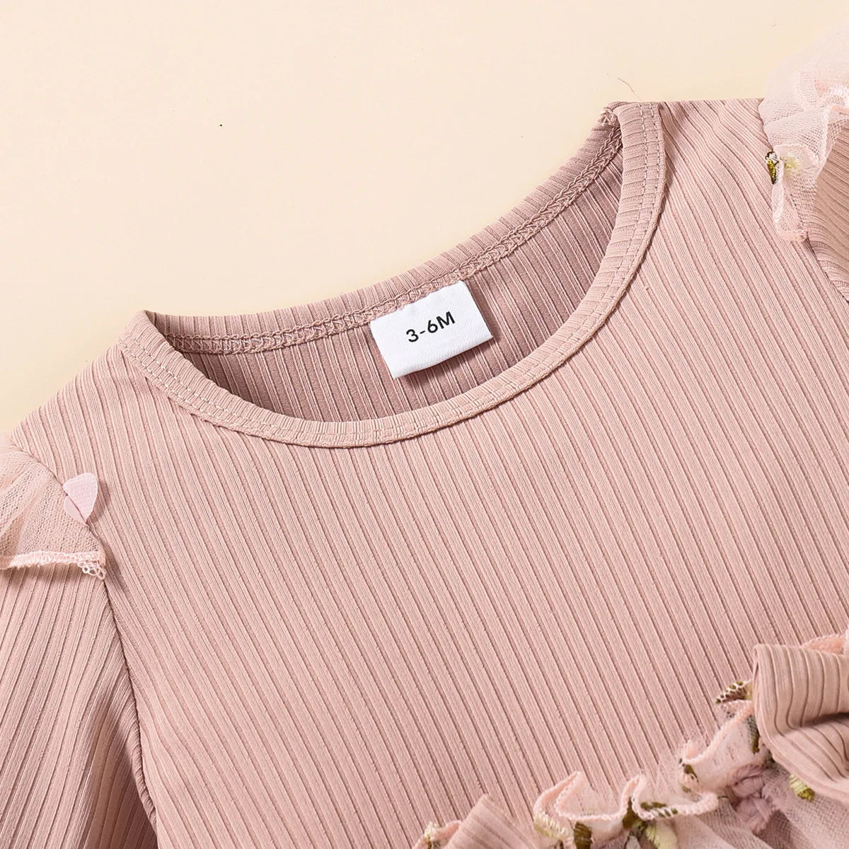 Baby Girl Pink Ribbed Long-Sleeve Bowknot Floral Embroidered Mesh Dress Perfect For Outings And Daily Wear