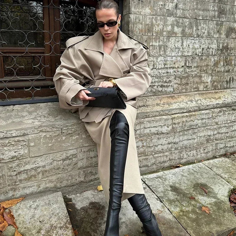 Casual Belt Lace Up Short Trench Coat Women Elegant Full Sleeve V Neck Loose Fashion Jacket Spring Daily High Street Outerwear