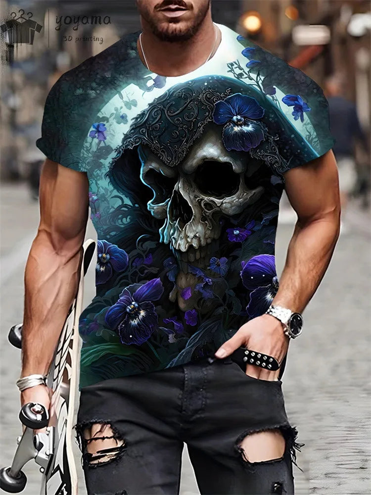 Men's Horror Skull Print T-Shirt 3D Print Vintage O-Neck Short Sleeve Fashion Oversized T-Shirts Men's Summer Street Clothing