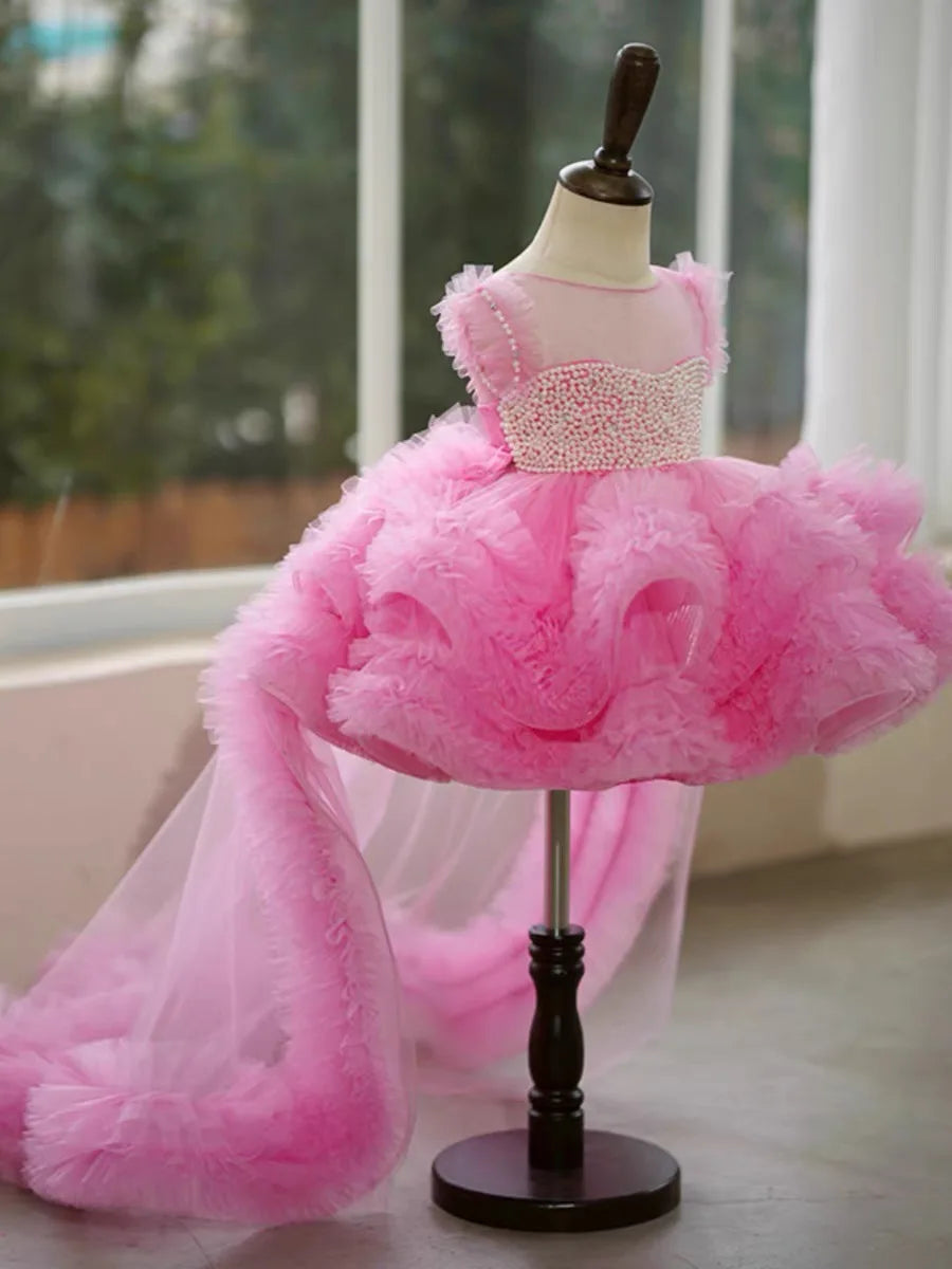 Princess Flower Girl Dress Elegant Baby Pink Pearls Tulle Puffy Baby Kids Wedding Birthday Ball Gowns Piano Performance Dress