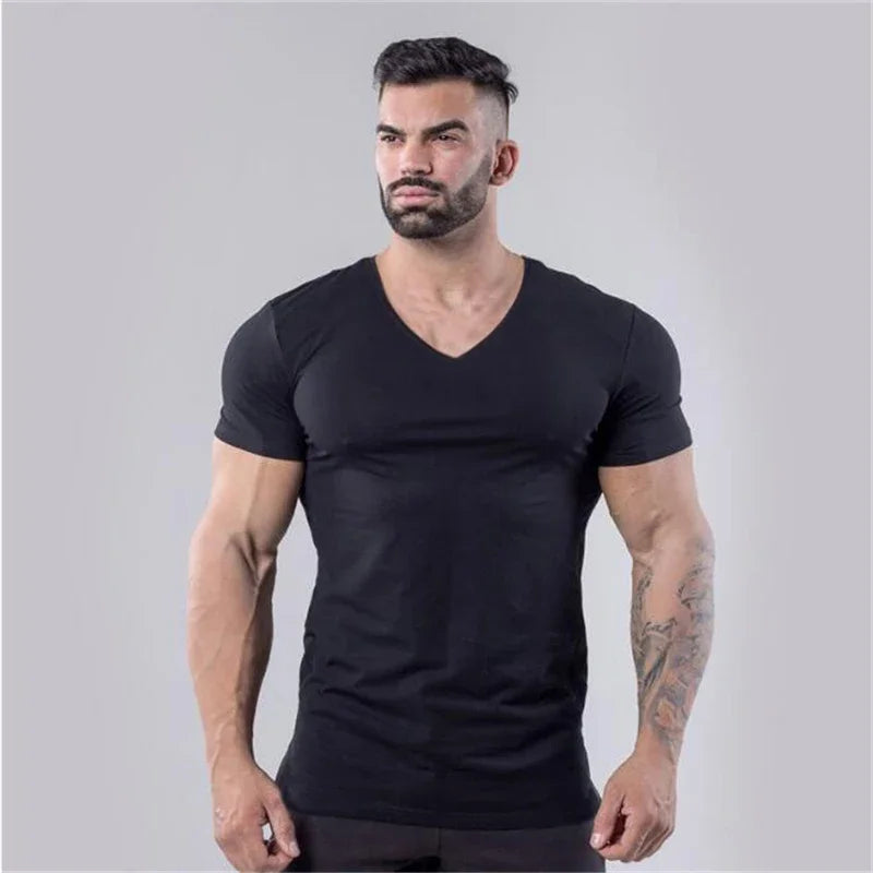 Mens Plain  Summer Cotton Breathable Short Sleeve Shirts Running V-neck T-shirt Gym Bodybuilding Fitness Workout Muscle Clothin