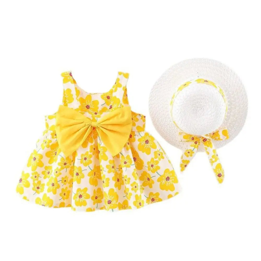 Elegant Bowknot Baby Girl Princess Dress Cotton Summer Floral Dress with Hat Sweet Sleeveless Flower Dress Beach Vacation