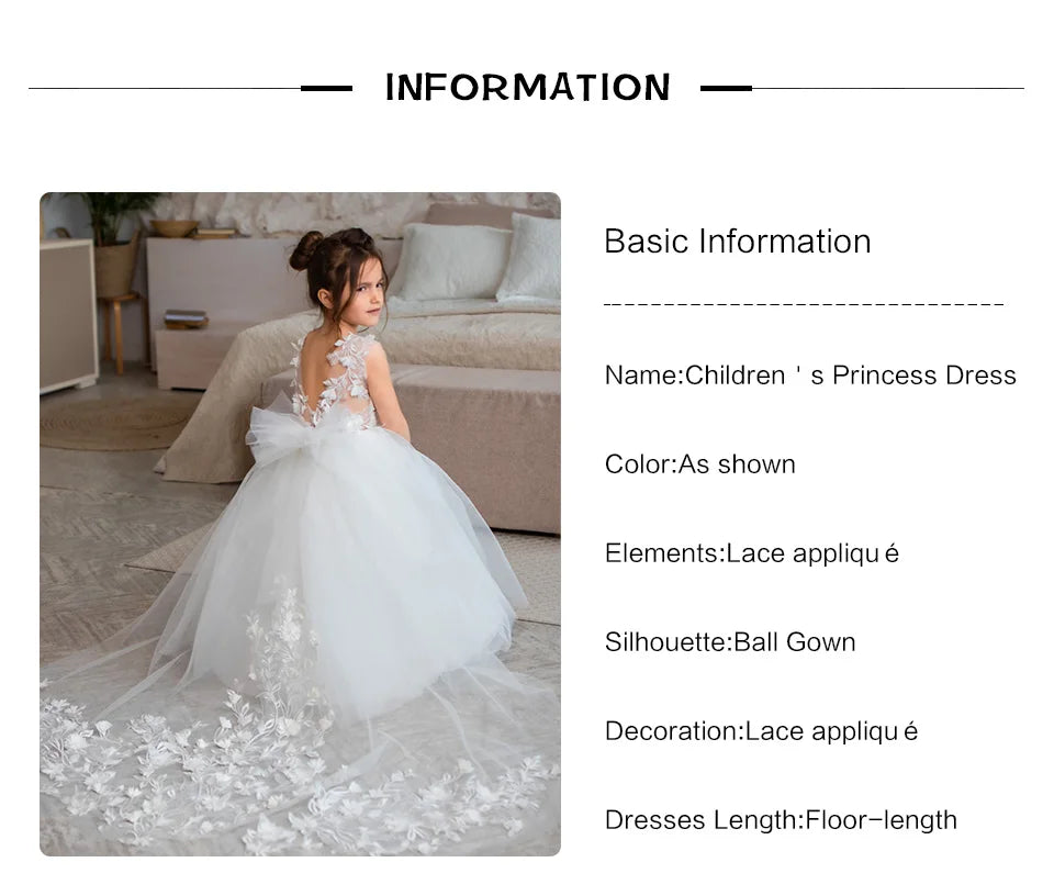 Lace Applique Tulle Flower Girl Dress for Wedding Sleeveless Long Bow Knot V-Back Elegant Formal Dresses
