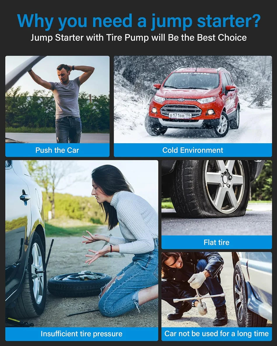 Multi-function Car Jump Starter Air Pump Power Bank Portable Air Compressor Cars Battery Starters Starting Auto Tyre Inflator