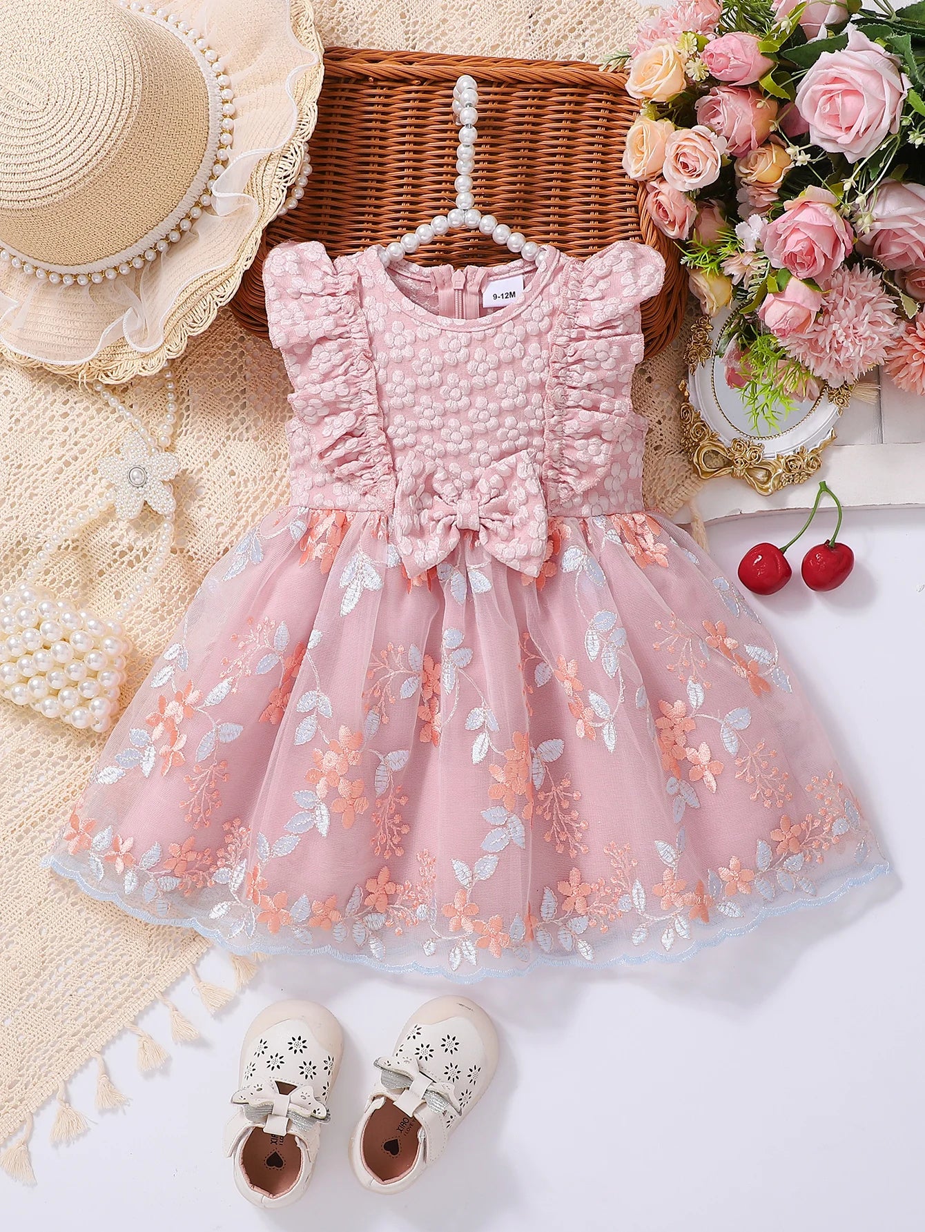 Baby Pink Lace Embroidery Princess Dress Girl's First Birthday Gown with Butterfly Knot Net Skirt Infant Special Occasion Outfit