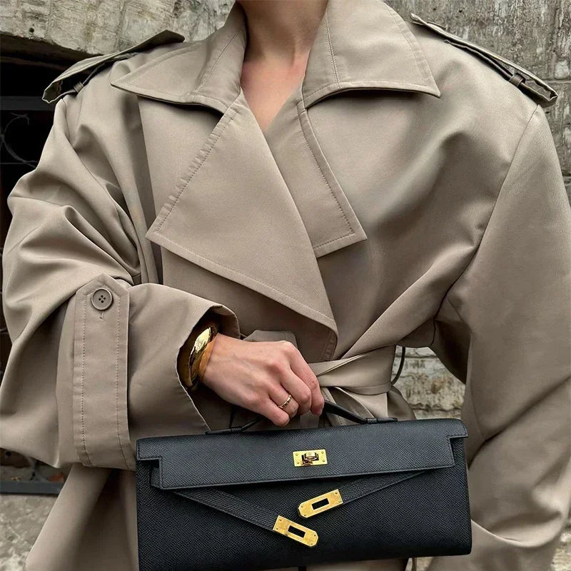Casual Belt Lace Up Short Trench Coat Women Elegant Full Sleeve V Neck Loose Fashion Jacket Spring Daily High Street Outerwear