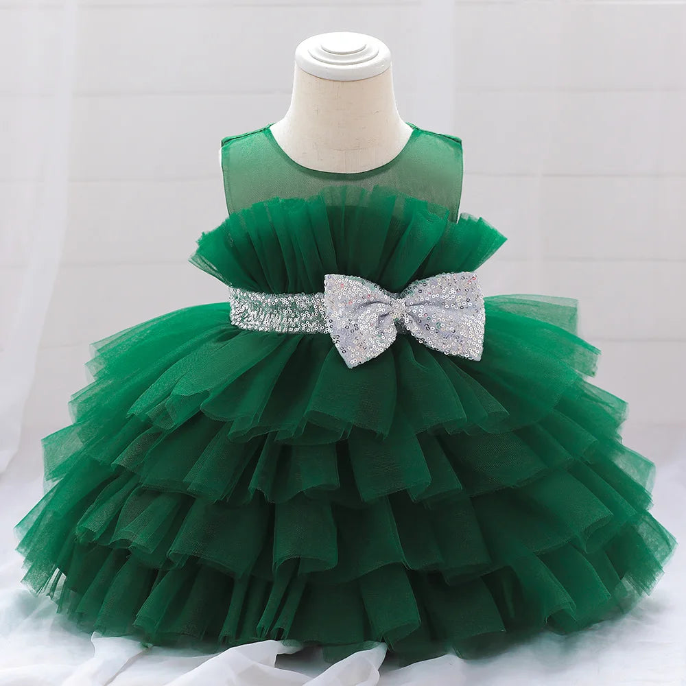 Kids Bow Baby Girls Dress Puffy Tulle Toddler White Baptism Party Dresses For Girl Elegant Kids Birthday Princess Ball Gown