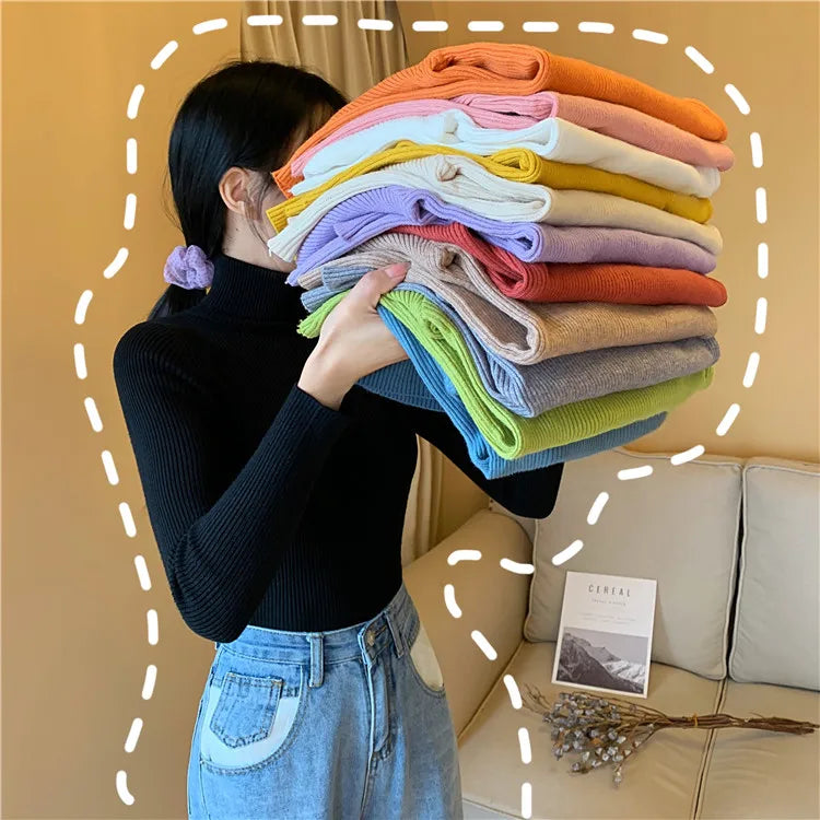 2026 Autumn Winter Women Long Sleeve Knitted Foldover Turtleneck Ribbed Pull Sweater Soft Warm Femme Jumper Pullover Clothes