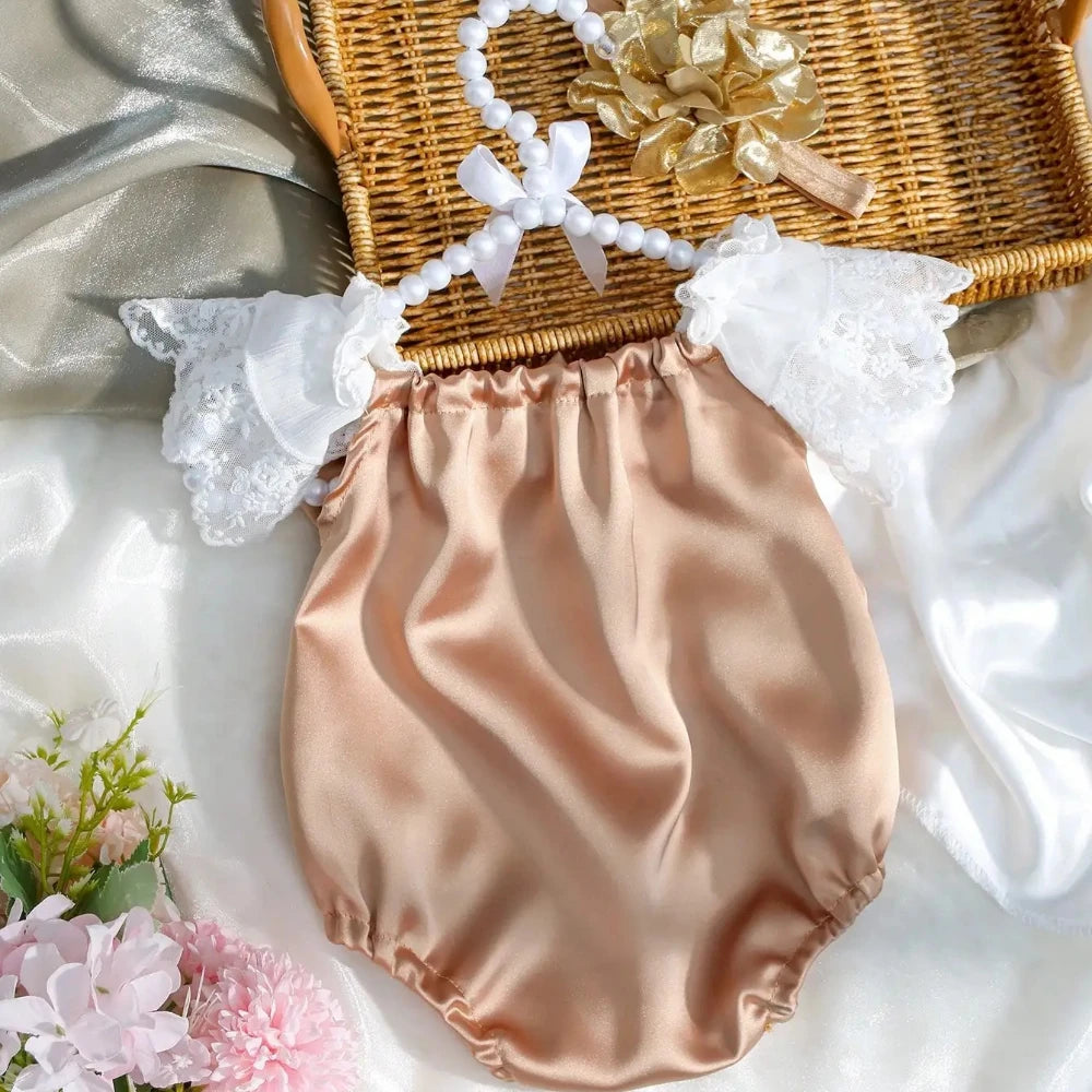 Newborn Lace Flower Headband And Bodysuit Set For Baby Photoshoot 100th Day Outfit Infant Photo Prop Baby Shower Gift-HD