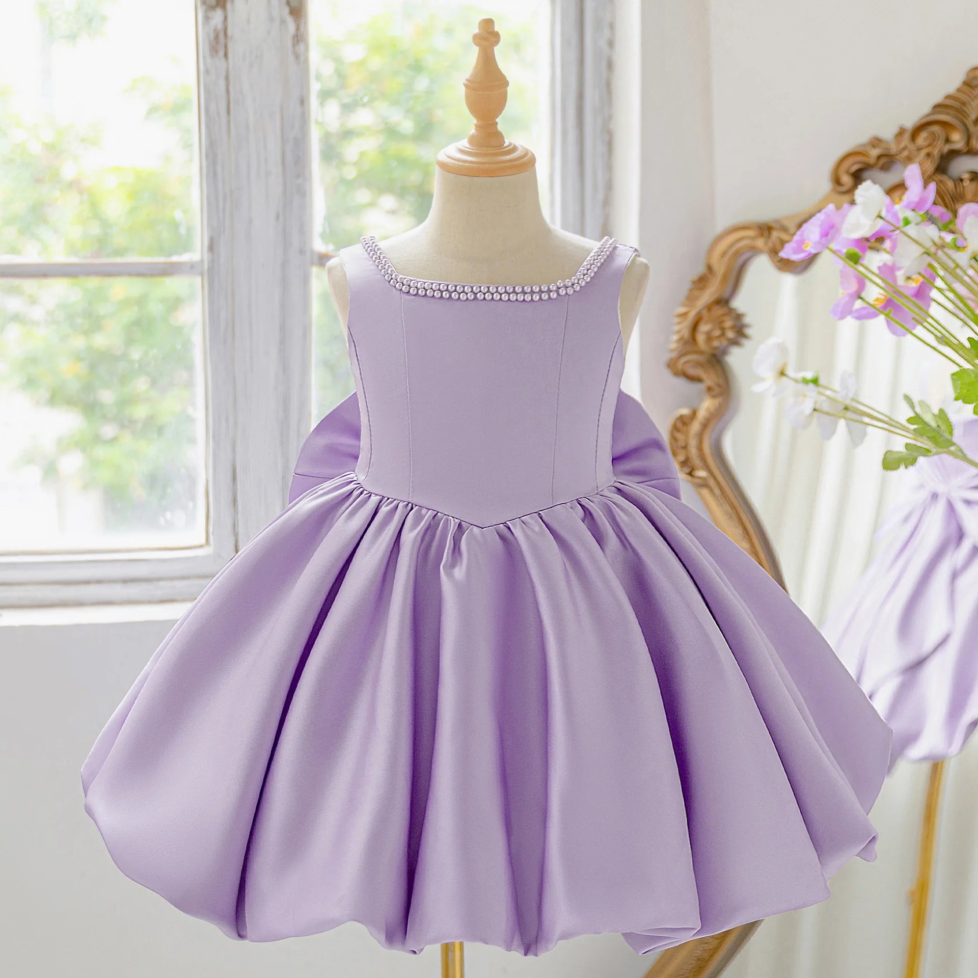 Girls Party Dresses Elegant Pearls Big Bow Princess Dress Baby Girl 1st Birthday Baptism Gown Wedding Birthday Party Girls Dress