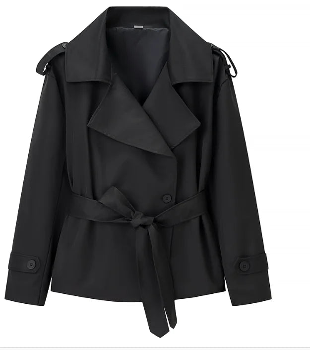 Casual Belt Lace Up Short Trench Coat Women Elegant Full Sleeve V Neck Loose Fashion Jacket Spring Daily High Street Outerwear