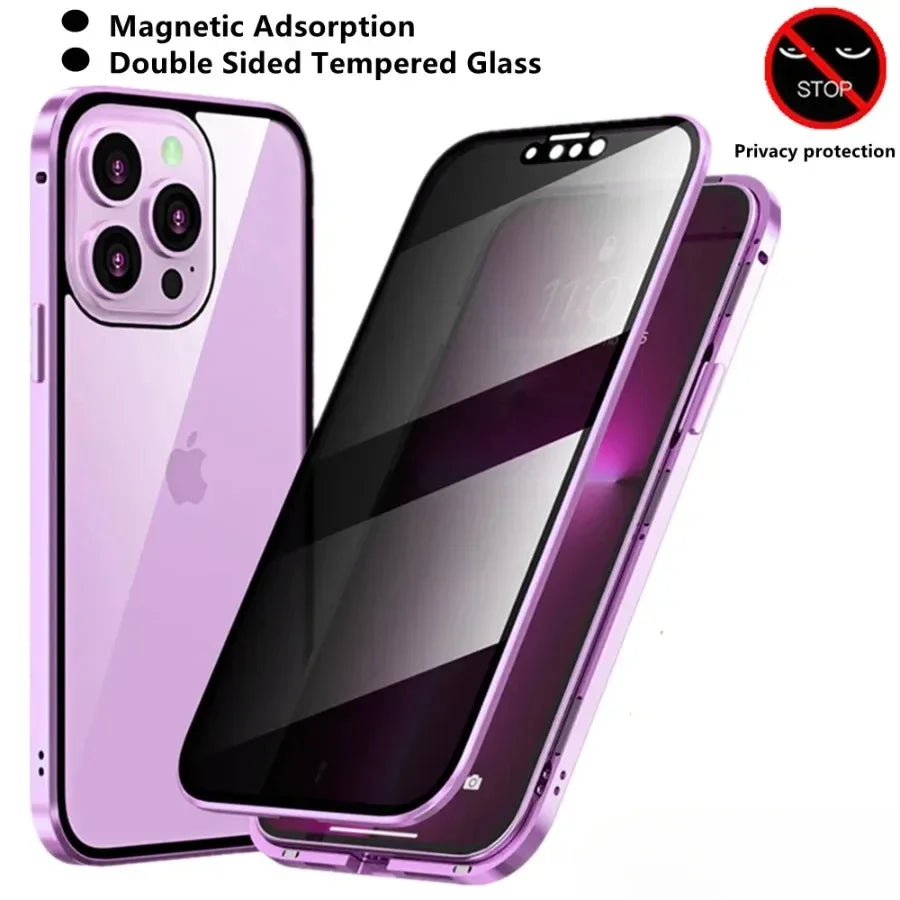 Anti-peeping Double Sided Magnetic Adsorption Case For iPhone17 16e 16 15 14 13 12 11 Pro Max XR Privacy Screen Shockproof Cover