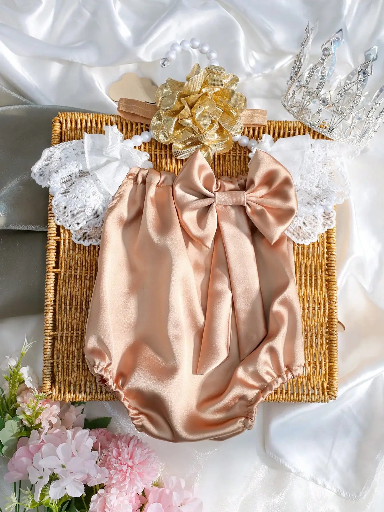 Newborn Lace Flower Headband And Bodysuit Set For Baby Photoshoot 100th Day Outfit Infant Photo Prop Baby Shower Gift-HD