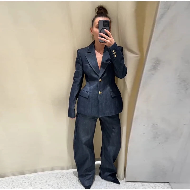Retro Denim Vest Suit Jacket Pant 3 Piece Sets Women Classic Tube Top Waist-cinching Jackets High Waist Pants Sets Female Outfit