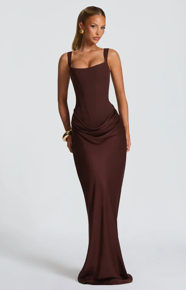 Solid Pleated Sling Dress Women Square Neck Sleeveless Off-shoulder Waist Cinching Slim Dresses Lady Evening Party Gowns 2025