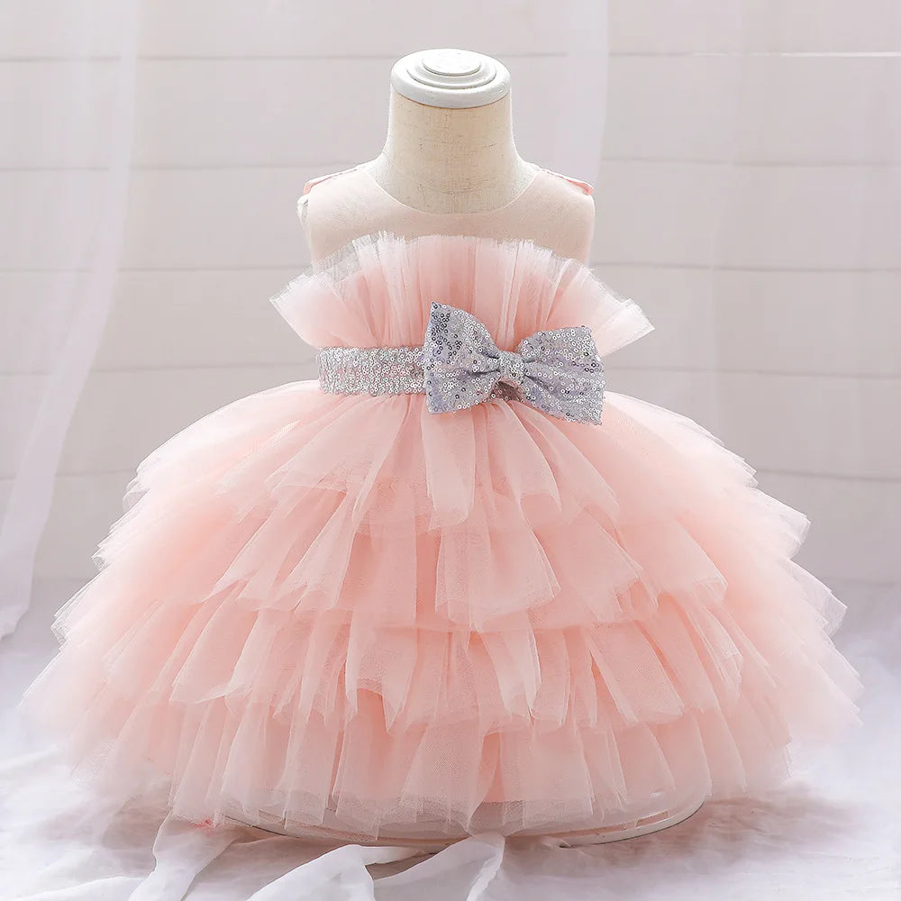 Kids Bow Baby Girls Dress Puffy Tulle Toddler White Baptism Party Dresses For Girl Elegant Kids Birthday Princess Ball Gown