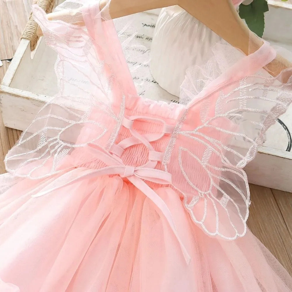 Fashion Lace-up Baby Girl Princess Dress Sleeveless Lace Baby Girl Bubble Dress Sweet Casual Butterfly Wing Pettiskirt Kids