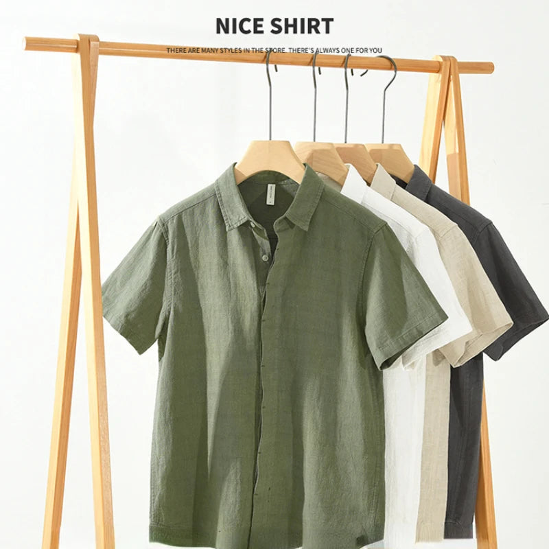 Summer New Linen Cotton Casual Shirt for Men Clothing Vintage Short Sleeve Streetwear C2759