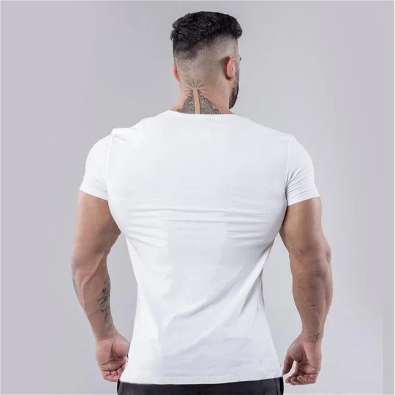 Mens Plain  Summer Cotton Breathable Short Sleeve Shirts Running V-neck T-shirt Gym Bodybuilding Fitness Workout Muscle Clothin
