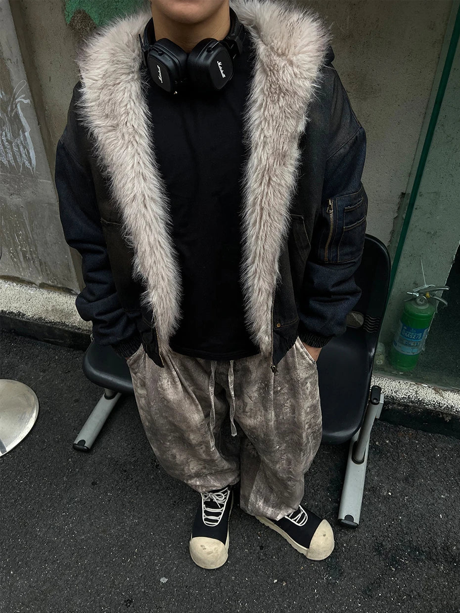 Vintage Denim Parkas Fur Warm Padded Jackets Men Streetwear Harajuku Oversized Bubble Coat Outwear