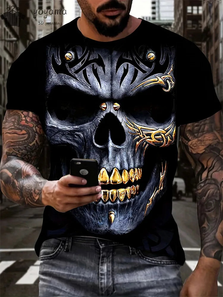 Men's Horror Skull Print T-Shirt 3D Print Vintage O-Neck Short Sleeve Fashion Oversized T-Shirts Men's Summer Street Clothing