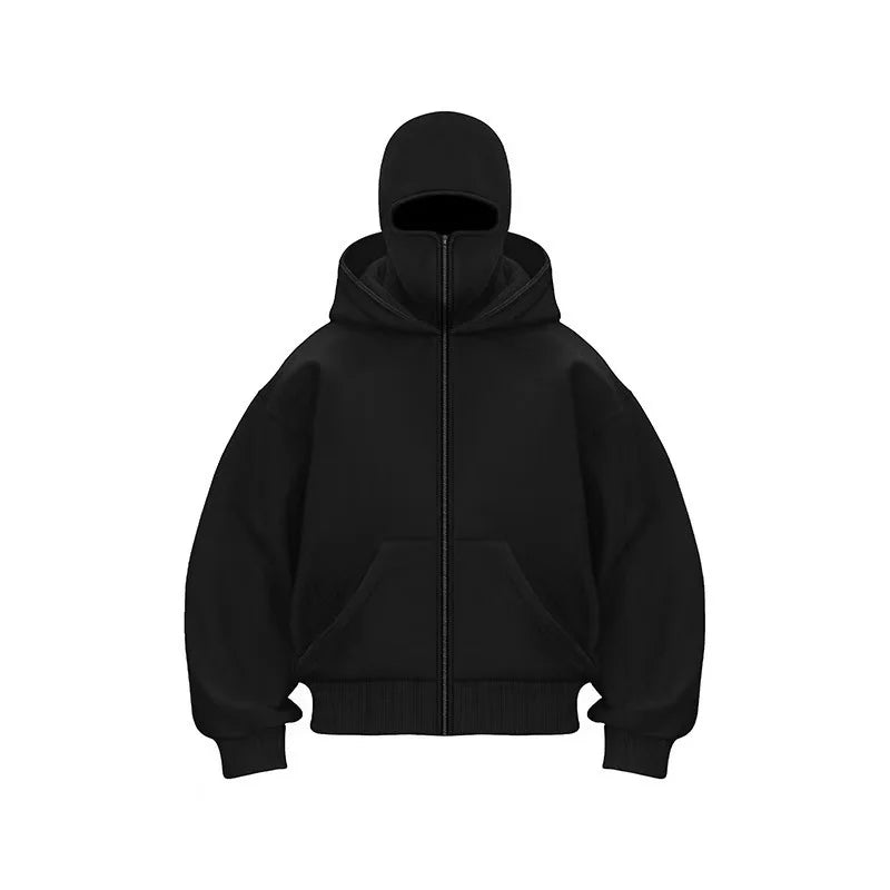 Balaclava Men Zip Hoodie Winter Warm Casual Sweatshirt Y2K with Hooded Face Mask Zipper Design Sports Jacket Outdoor Activities