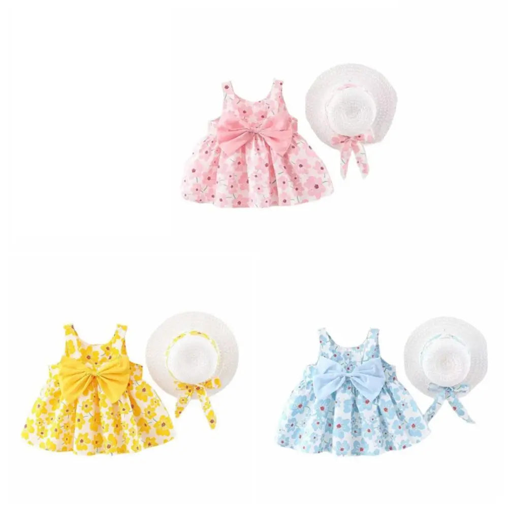 Elegant Bowknot Baby Girl Princess Dress Cotton Summer Floral Dress with Hat Sweet Sleeveless Flower Dress Beach Vacation