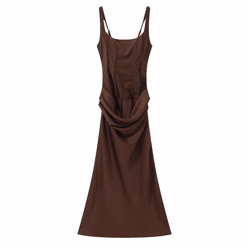 Solid Pleated Sling Dress Women Square Neck Sleeveless Off-shoulder Waist Cinching Slim Dresses Lady Evening Party Gowns 2025