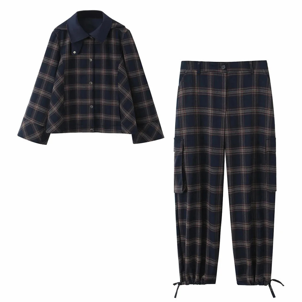 Women New Casual Chic Suit Checkered Hooded Jacket Loose Lantern Workwear Pants Fashion Autumn Winter Suits