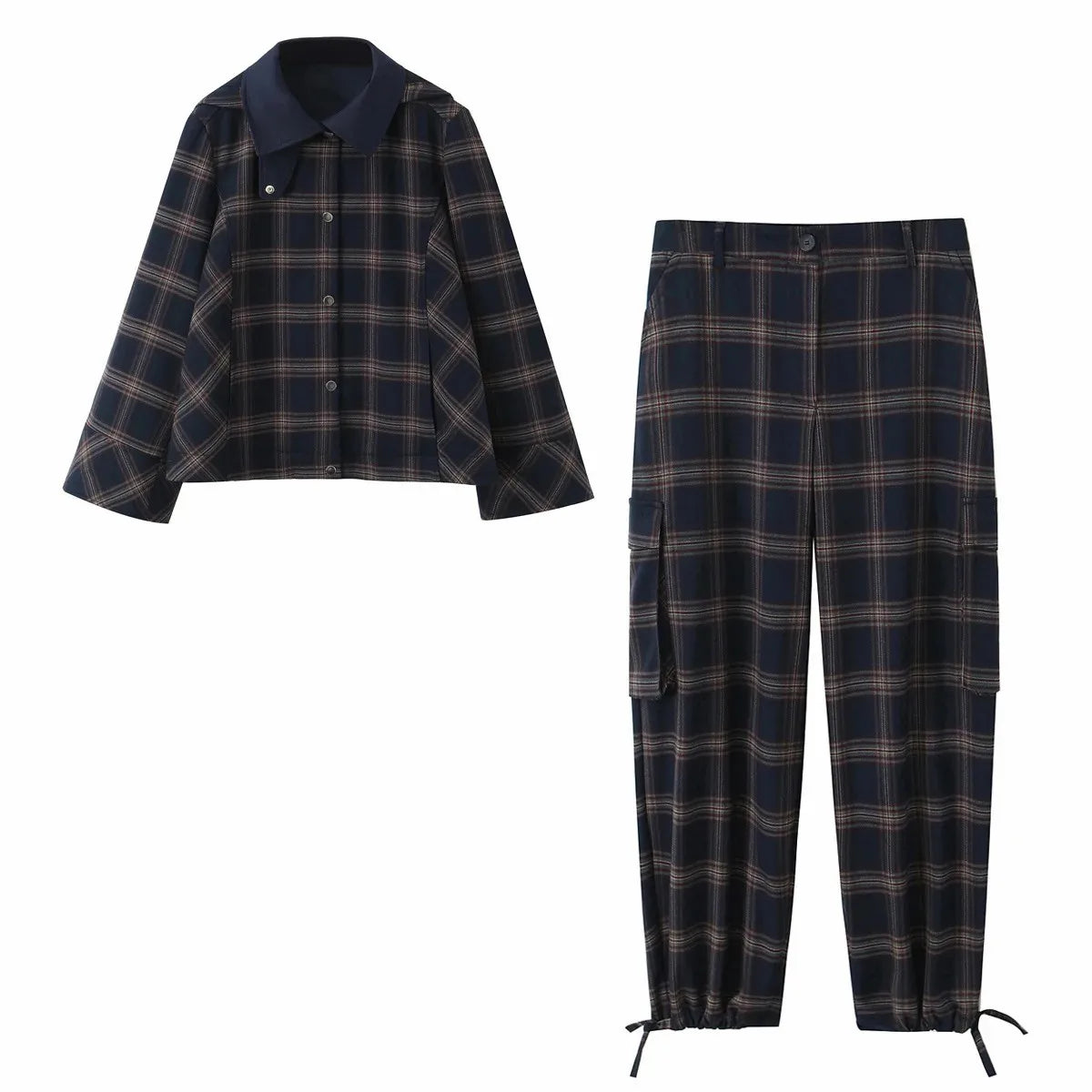 Women New Casual Chic Suit Checkered Hooded Jacket Loose Lantern Workwear Pants Fashion Autumn Winter Suits